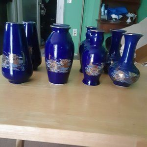 Collection of 8 Small Vintage Made in Japan Cobalt Blue Ceramic Vases